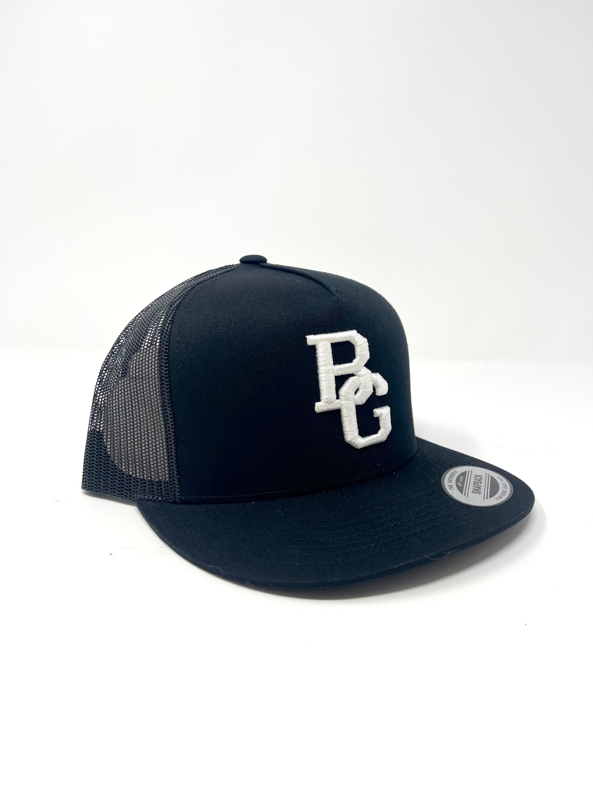 Black Trucker Flat Bill Hat - Colored Embroidery - YUPOONG
