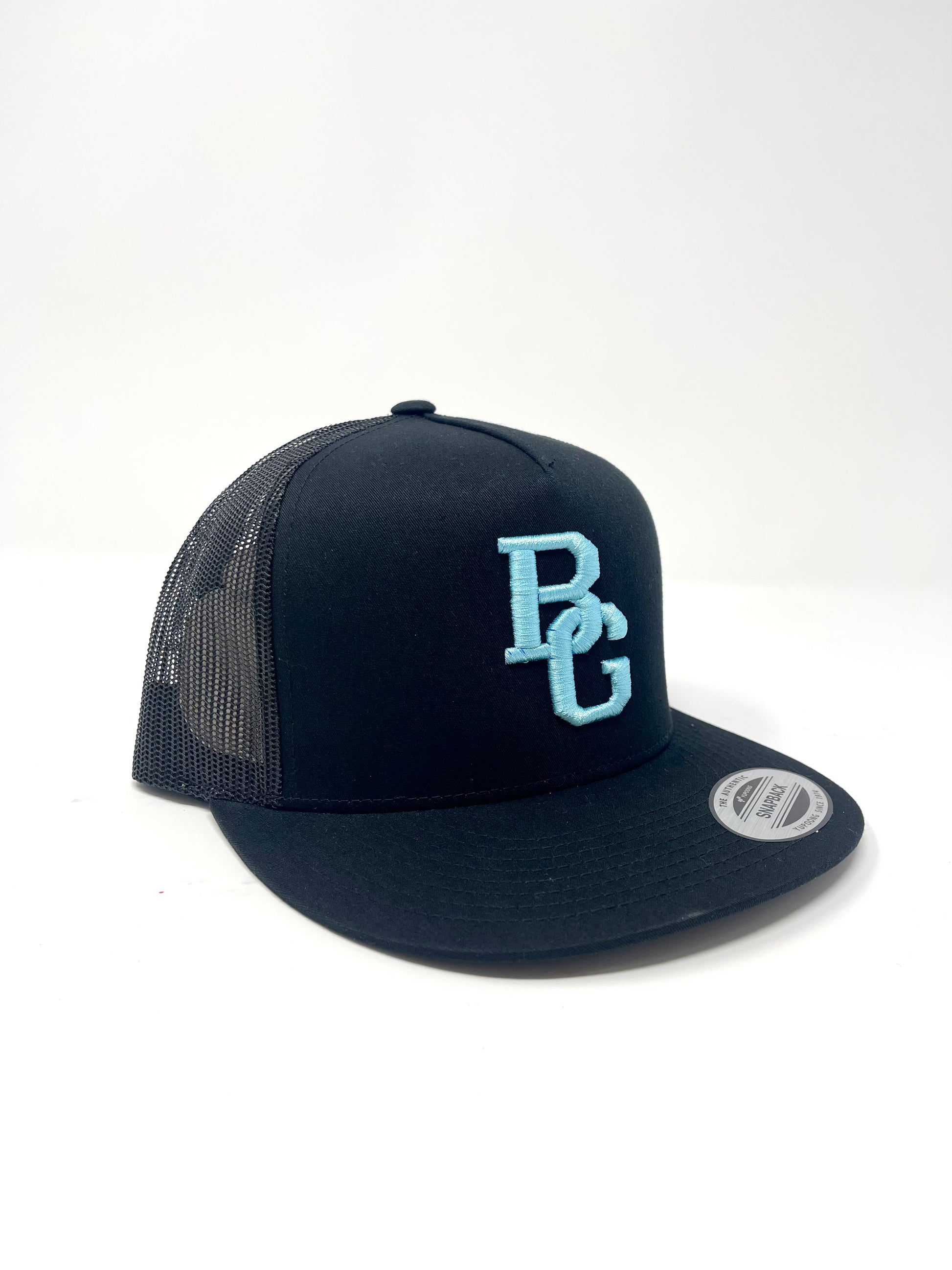Black Trucker Flat Bill Hat - Colored Embroidery - YUPOONG