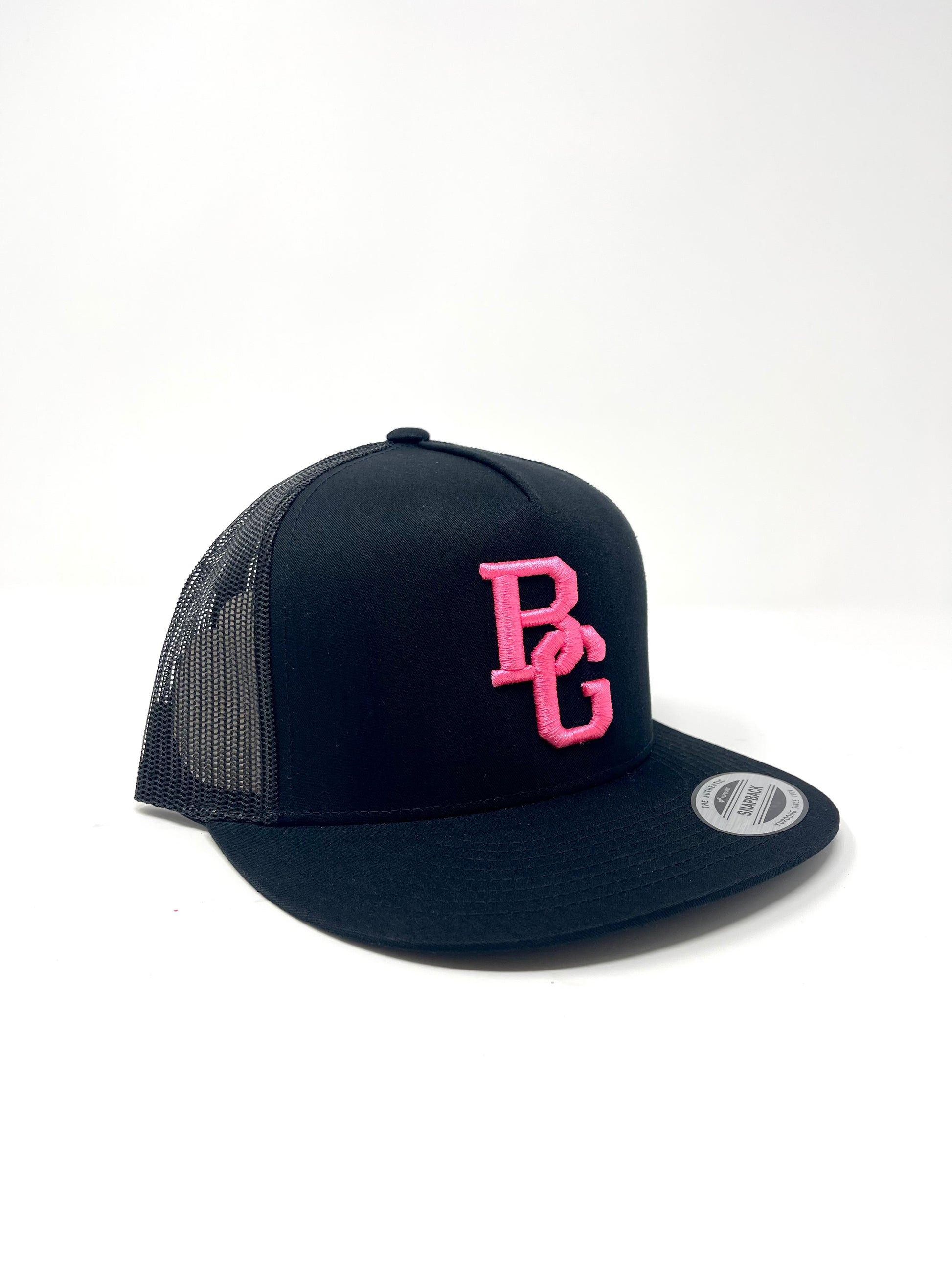 Black Trucker Flat Bill Hat - Colored Embroidery - YUPOONG