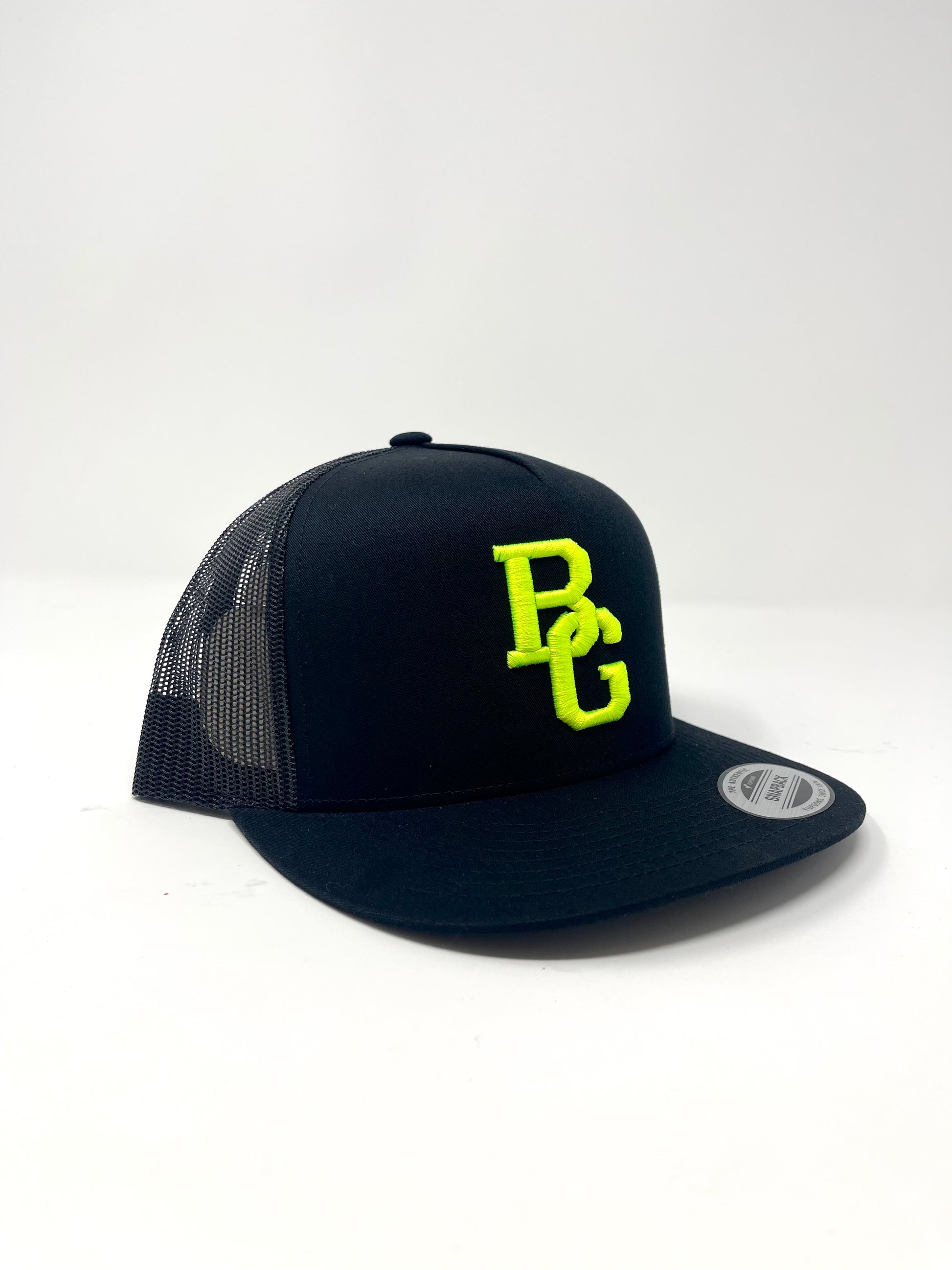 Black Trucker Flat Bill Hat - Colored Embroidery - YUPOONG